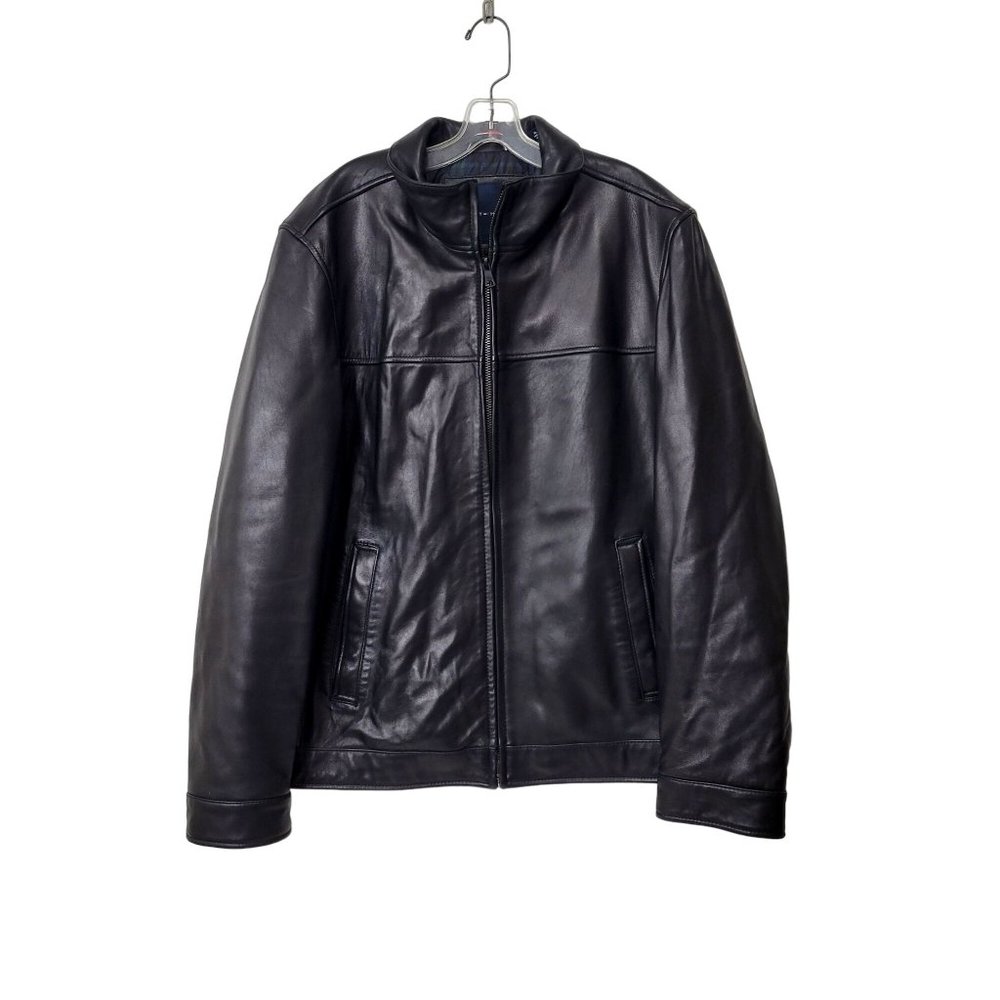 Tommy Hilfiger Black Genuine Leather Bomber Jacket Men's Size XL - Picture 1 of 6